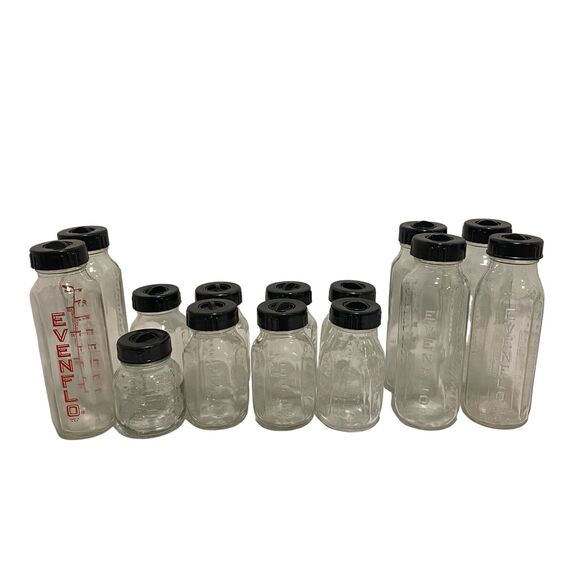 Evenflo Other - LOT OF 14 VINTAGE Evenflo Glass Baby Bottles with Lids 2oz-8oz Made In USA